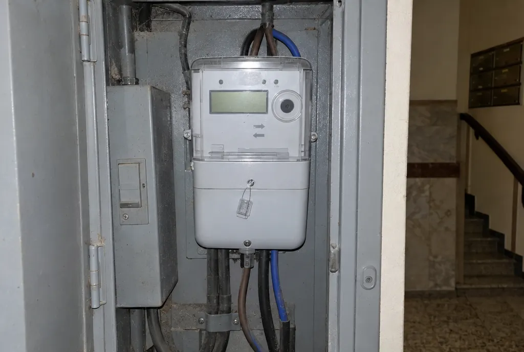 Contador eléctrico digital bidireccional con flechas de entrada y salida dentro de un armario de contadores de un portal
