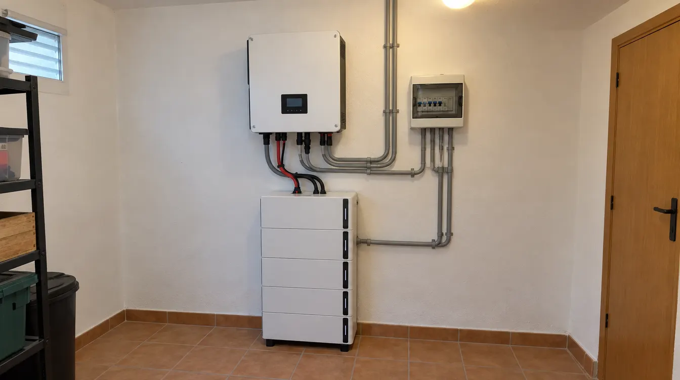 Inversor híbrido blanco montado en la pared de un cuarto técnico con una batería de litio apilable debajo y un pequeño cuadro eléctrico al lado