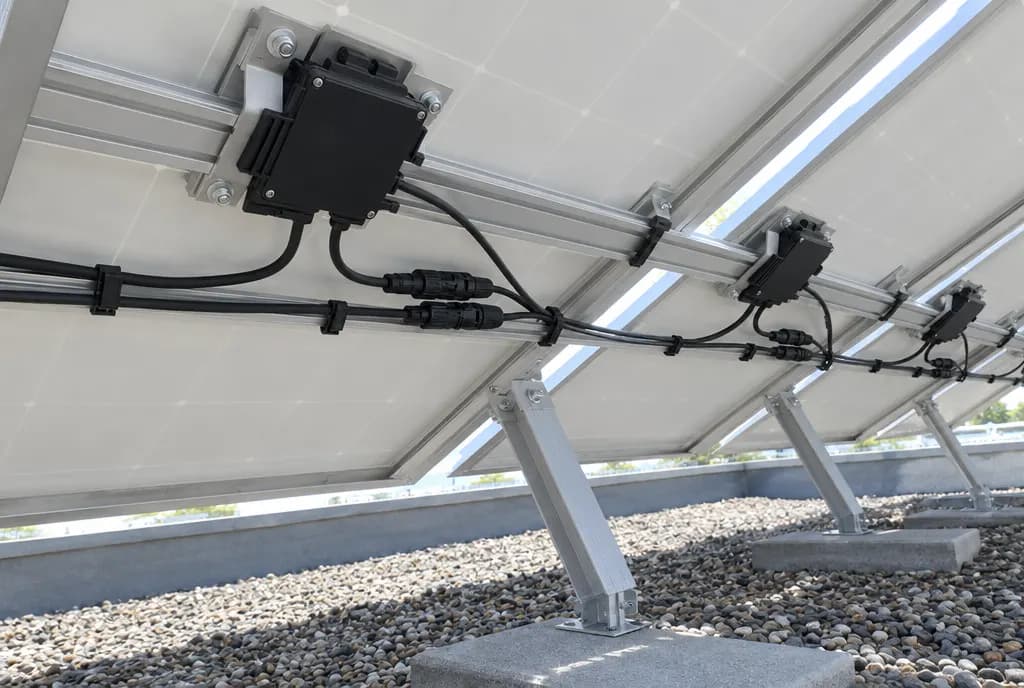 Parte trasera de paneles solares sobre una cubierta plana de grava con microinversores negros atornillados a los perfiles de aluminio y conectores de cable