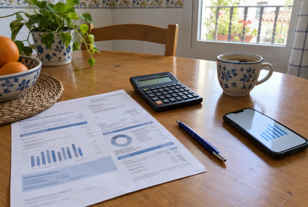 Factura de la luz impresa sobre una mesa de cocina junto a una calculadora, un bolígrafo, un café y un móvil con un gráfico de barras