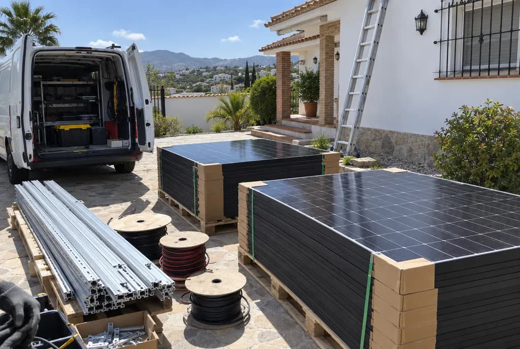 Furgoneta de instalador abierta frente a un chalé con palés de paneles solares, perfiles de aluminio y bobinas de cable en el suelo